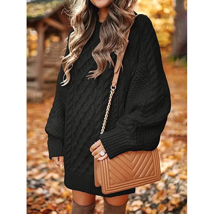 Women Crewneck Long Sleeve Oversized Cable Knit Chunky Pullover Short Sweater Dresses DailySale