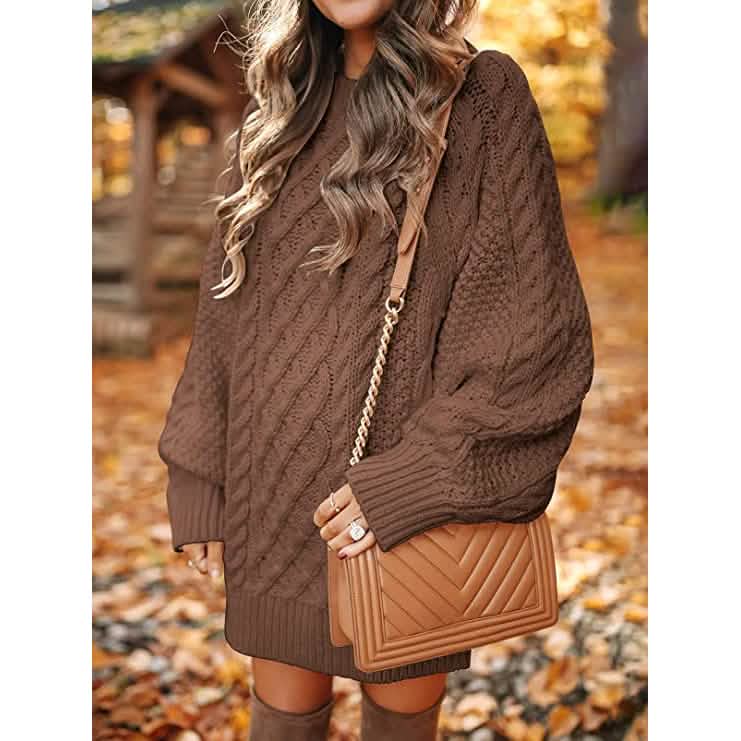 Women Crewneck Long Sleeve Oversized Cable Knit Chunky Pullover Short Sweater Dresses DailySale