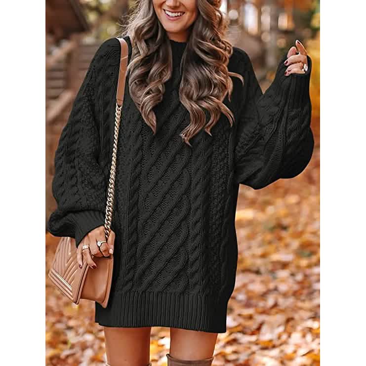 Women Crewneck Long Sleeve Oversized Cable Knit Chunky Pullover Short Sweater Dresses DailySale