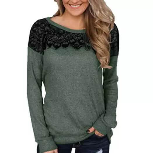 Women Fashion Black Lace Top Long Sleeve Elegant Casual Sweatshirt Blouse DailySale
