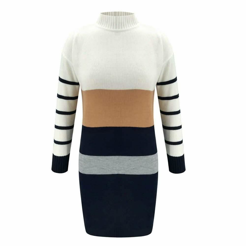 Women Knit Cowl Turtleneck Stripe Sweater Dress Long Sleeve Pullover Mini Dress DailySale