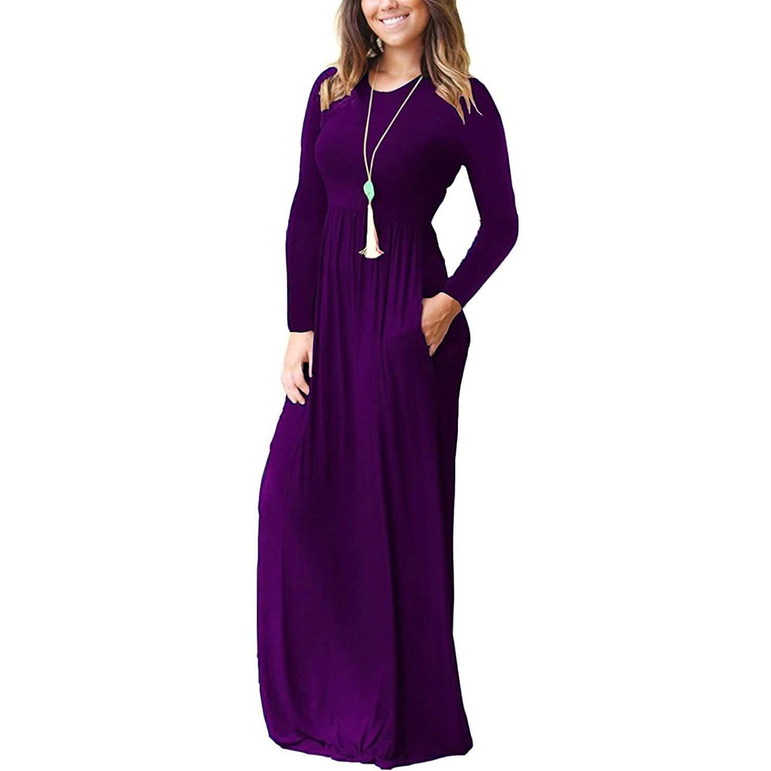 Women Long Sleeve Loose Plain Maxi Dresses Casual Long Dresses with Pockets DailySale