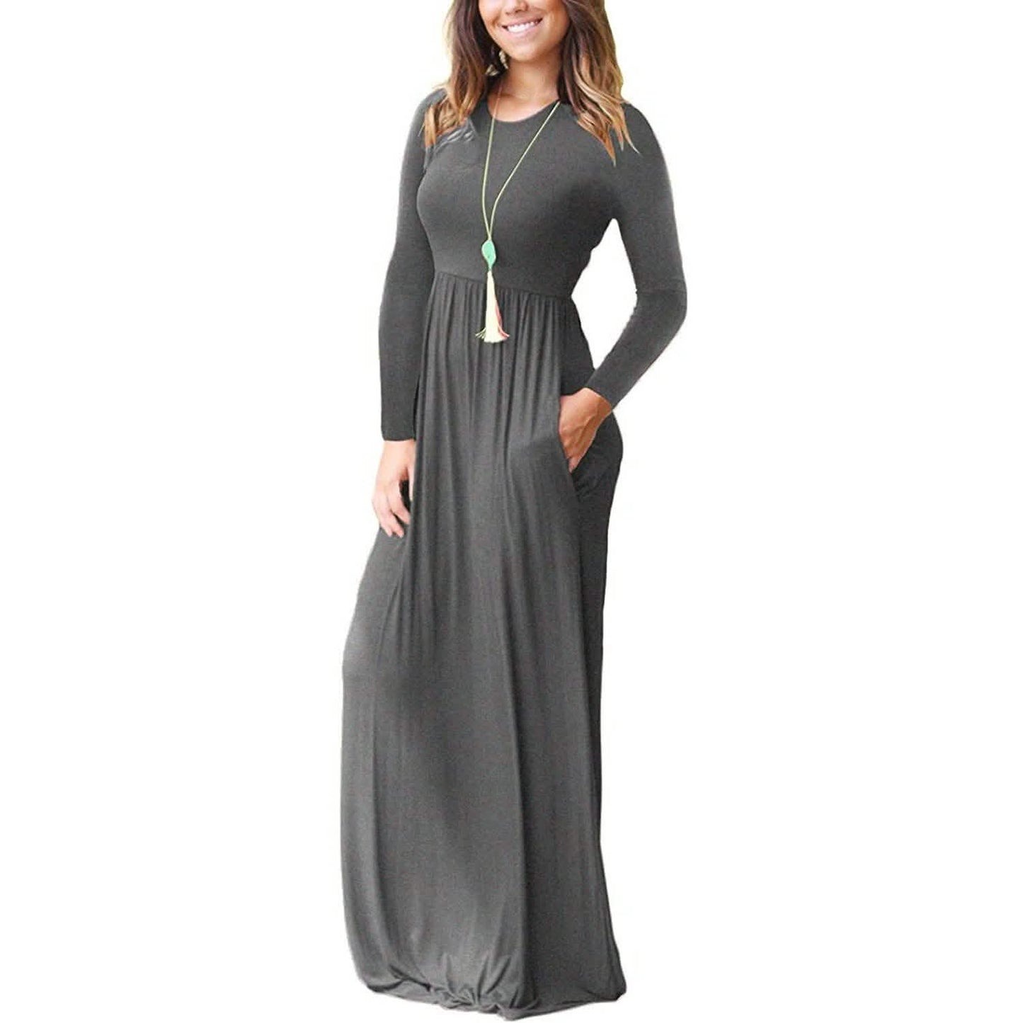 Women Long Sleeve Loose Plain Maxi Dresses Casual Long Dresses with Pockets DailySale