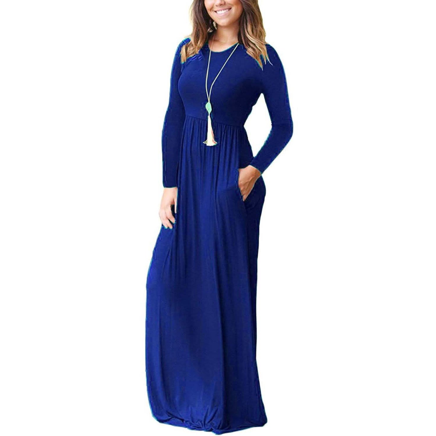 Women Long Sleeve Loose Plain Maxi Dresses Casual Long Dresses with Pockets DailySale