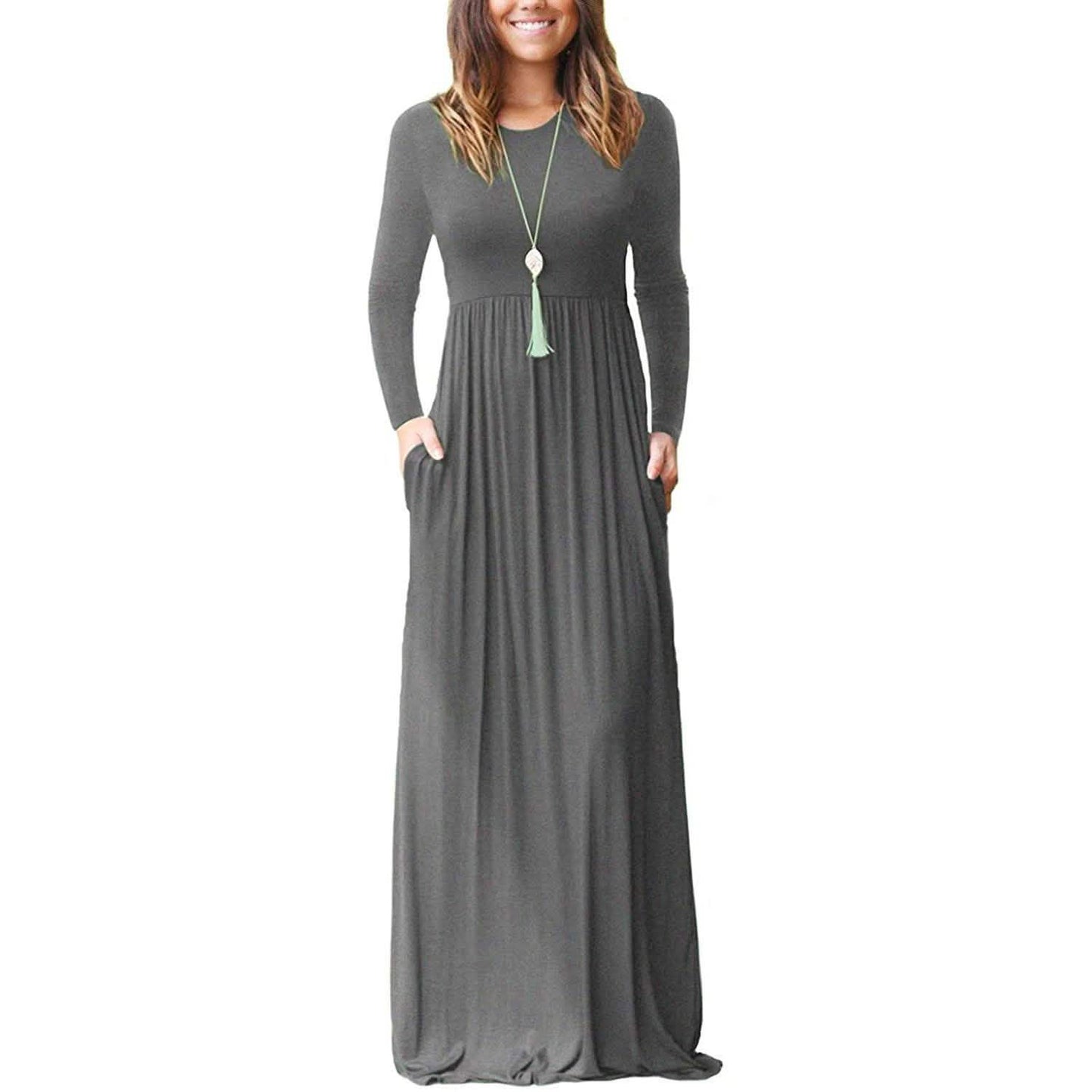 Women Long Sleeve Loose Plain Maxi Dresses Casual Long Dresses with Pockets DailySale