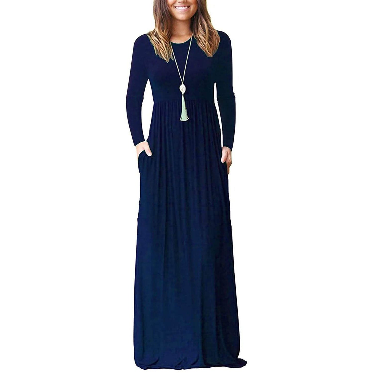 Women Long Sleeve Loose Plain Maxi Dresses Casual Long Dresses with Pockets DailySale