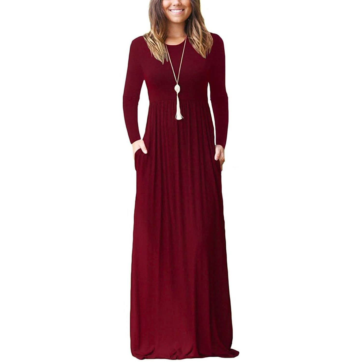 Women Long Sleeve Loose Plain Maxi Dresses Casual Long Dresses with Pockets DailySale