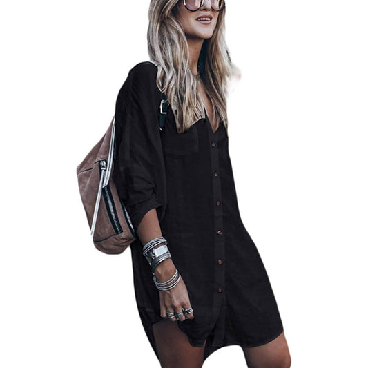 Women Loose Long Sleeve Swimsuit Cover Ups Button Down Beach Shirt DailySale