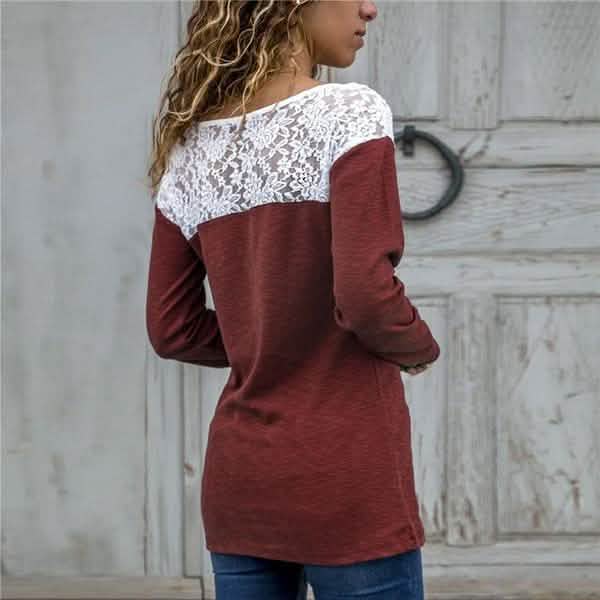 Women Round Neck Sexy Lace Casual Long-Sleeved Top DailySale