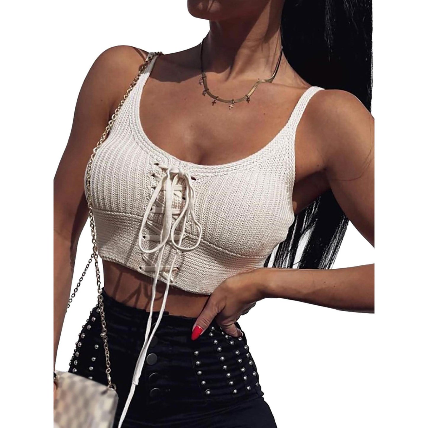 Women Sleeveless Lace Up Knitted Cami Tank Top Sexy Loose Crop Tops Blouse DailySale
