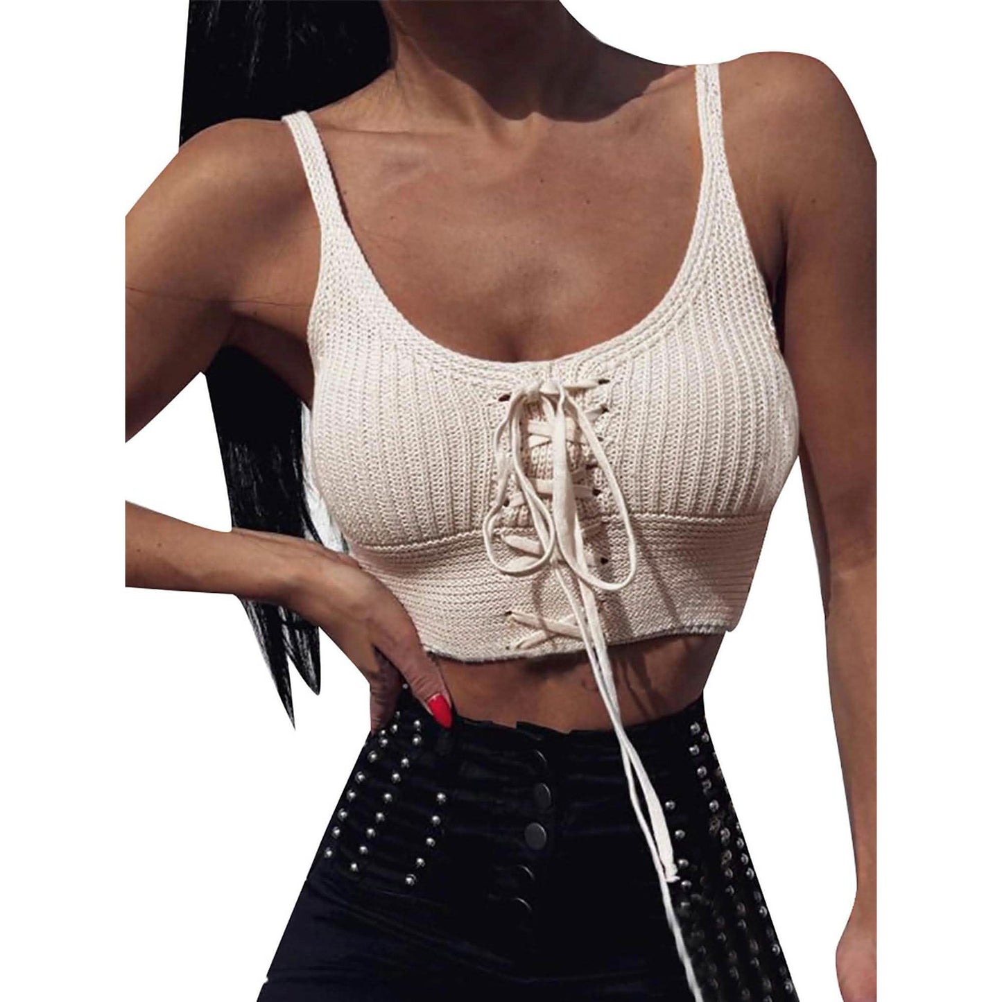 Women Sleeveless Lace Up Knitted Cami Tank Top Sexy Loose Crop Tops Blouse DailySale