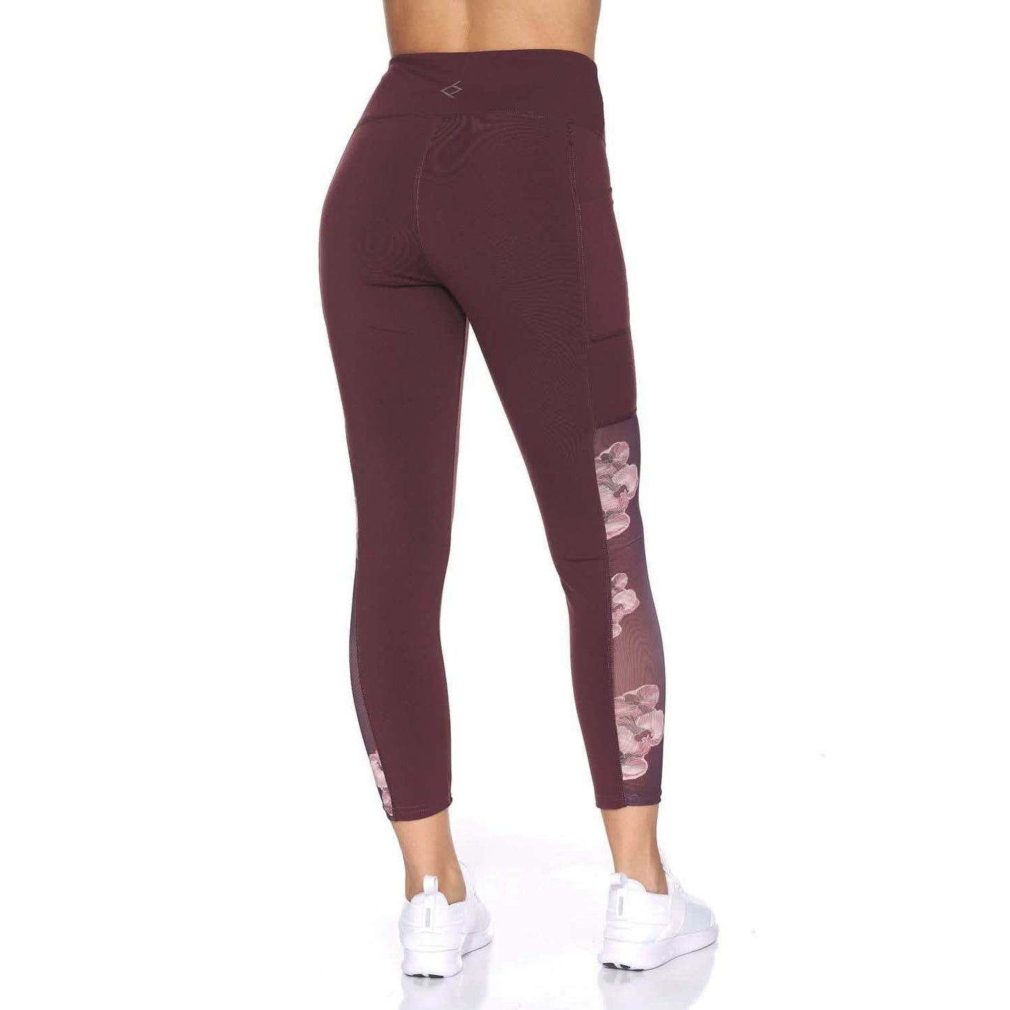 Women's 7/8 Active Leggings with Sheer Mesh Floral Panel and Pockets DailySale