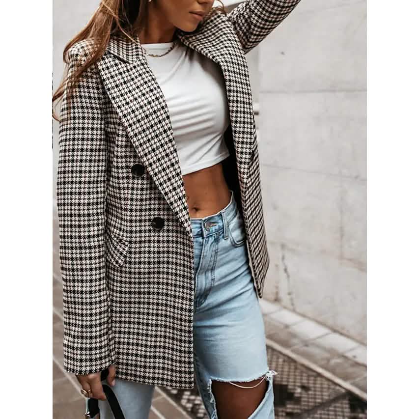 Women's Blazer Casual Jacket Long Sleeve Plaid Check Quilted DailySale