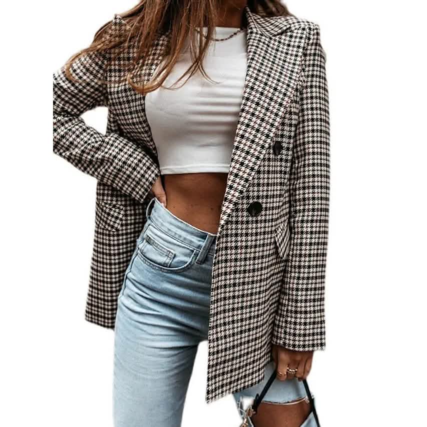 Women's Blazer Casual Jacket Long Sleeve Plaid Check Quilted DailySale