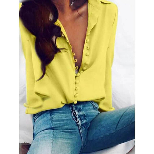 Women's Blouse Shirt Solid Colored Long Sleeve Button V Neck Basic Tops DailySale