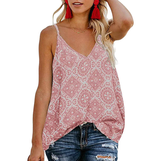 Women's Boho Floral V Neck Spaghetti Straps Tank Top Summer Sleeveless Shirts Blouse DailySale