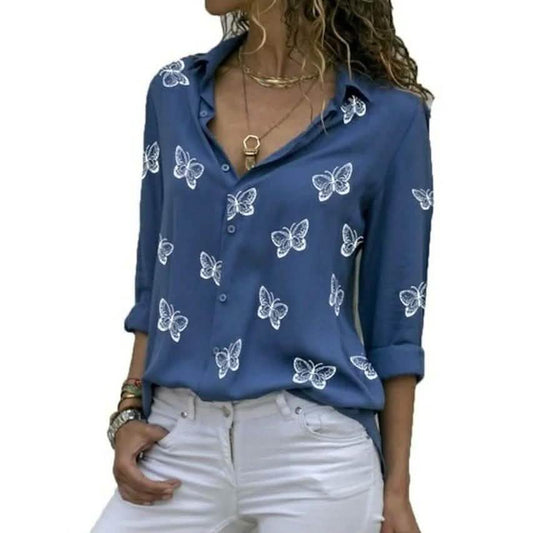 Women's Butterfly Long Sleeve Print Shirt Collar Basic Tops DailySale