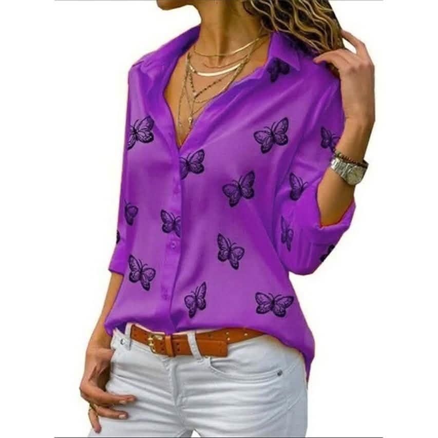 Women's Butterfly Long Sleeve Print Shirt Collar Basic Tops DailySale