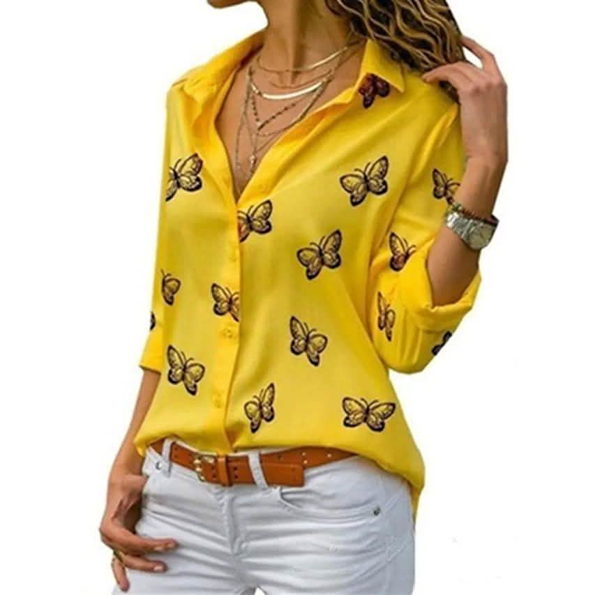 Women's Butterfly Long Sleeve Print Shirt Collar Basic Tops DailySale