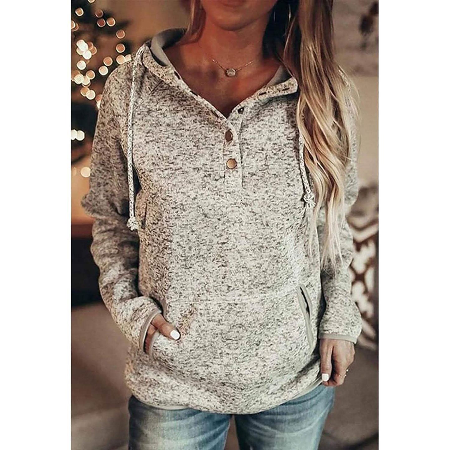 Womens Button Collar Drawstring Stitching Sweatshirts Hoodies Pullover DailySale
