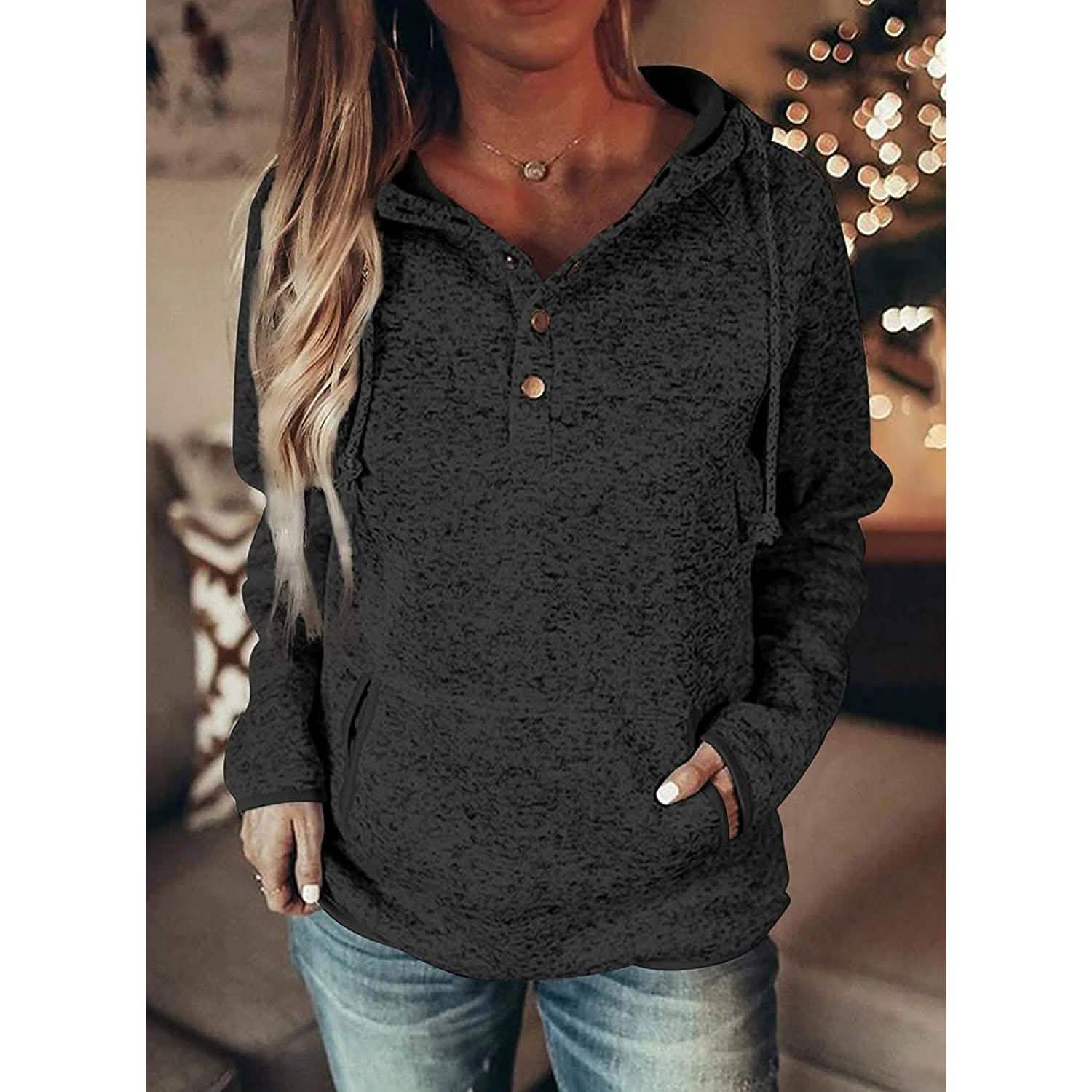 Womens Button Collar Drawstring Stitching Sweatshirts Hoodies Pullover DailySale