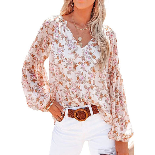 Womens Casual Boho Floral Print V Neck Long Sleeve Loose Blouse DailySale