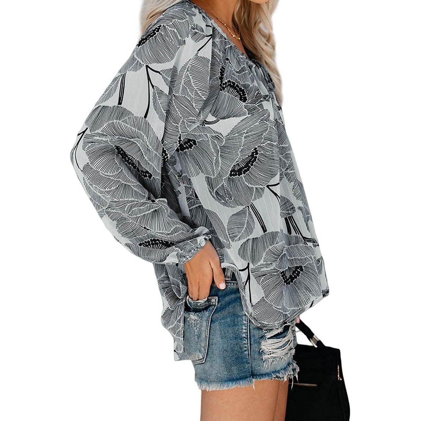 Women's Casual Boho Floral Print V Neck Long Sleeve Shirts Tops DailySale