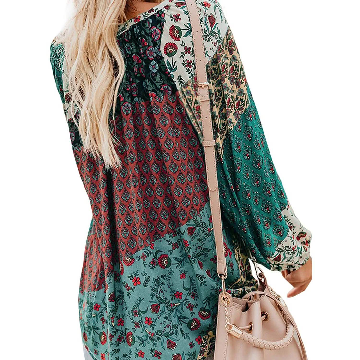 Women's Casual Boho Floral Print V Neck Long Sleeve Shirts Tops DailySale
