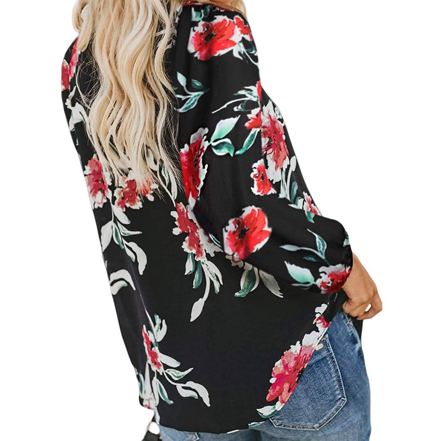 Women's Casual Boho Floral Print V Neck Long Sleeve Shirts Tops DailySale