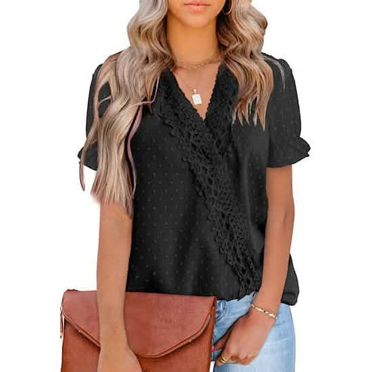 Women's Casual Lace Pom Pom V Neck Chiffon Short Sleeve Top DailySale