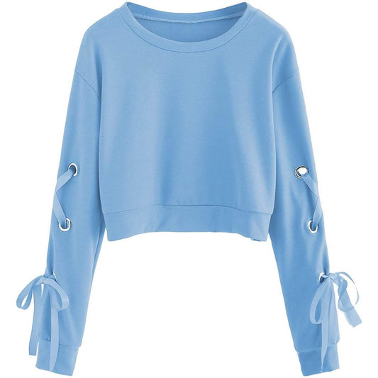 Women's Casual Lace-Up Long-Sleeved Pullover Crop Top Sweatshirt DailySale