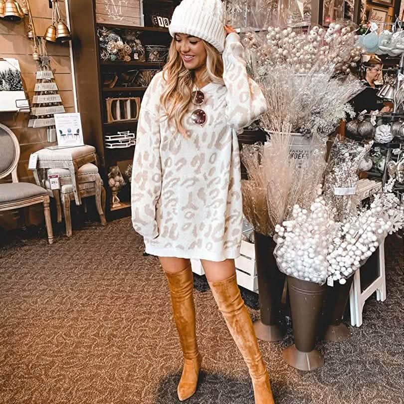 Women’s Casual Leopard Print Long Sleeve Crew Neck Knitted Oversized Pullover Sweaters Tops DailySale