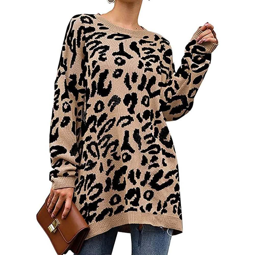 Women’s Casual Leopard Print Long Sleeve Crew Neck Knitted Oversized Pullover Sweaters Tops DailySale