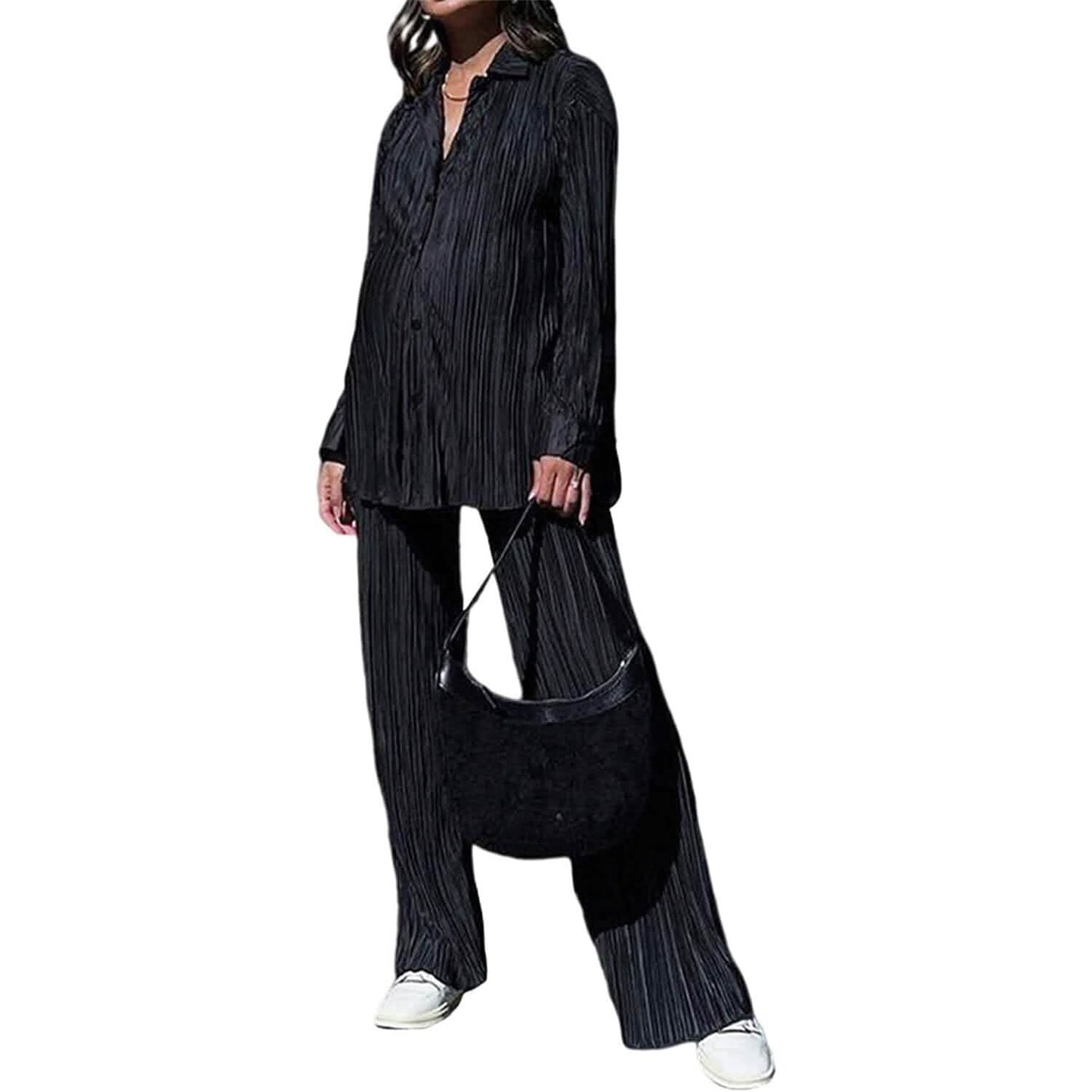 Women's Casual Long Sleeve Button Blouse Top Wide Leg Loose Streetwear Loungewear DailySale