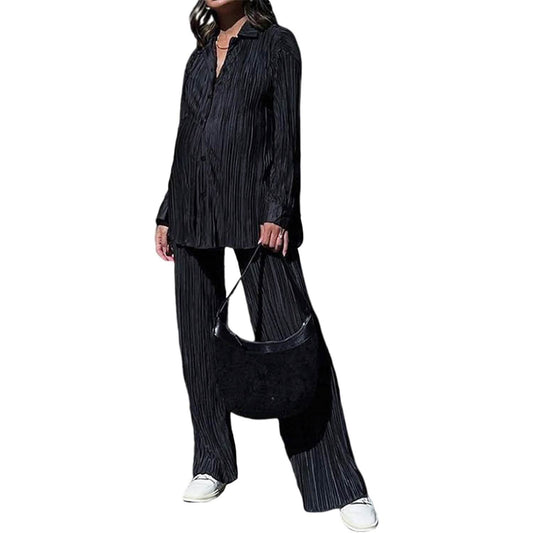 Women's Casual Long Sleeve Button Blouse Top Wide Leg Loose Streetwear Loungewear DailySale