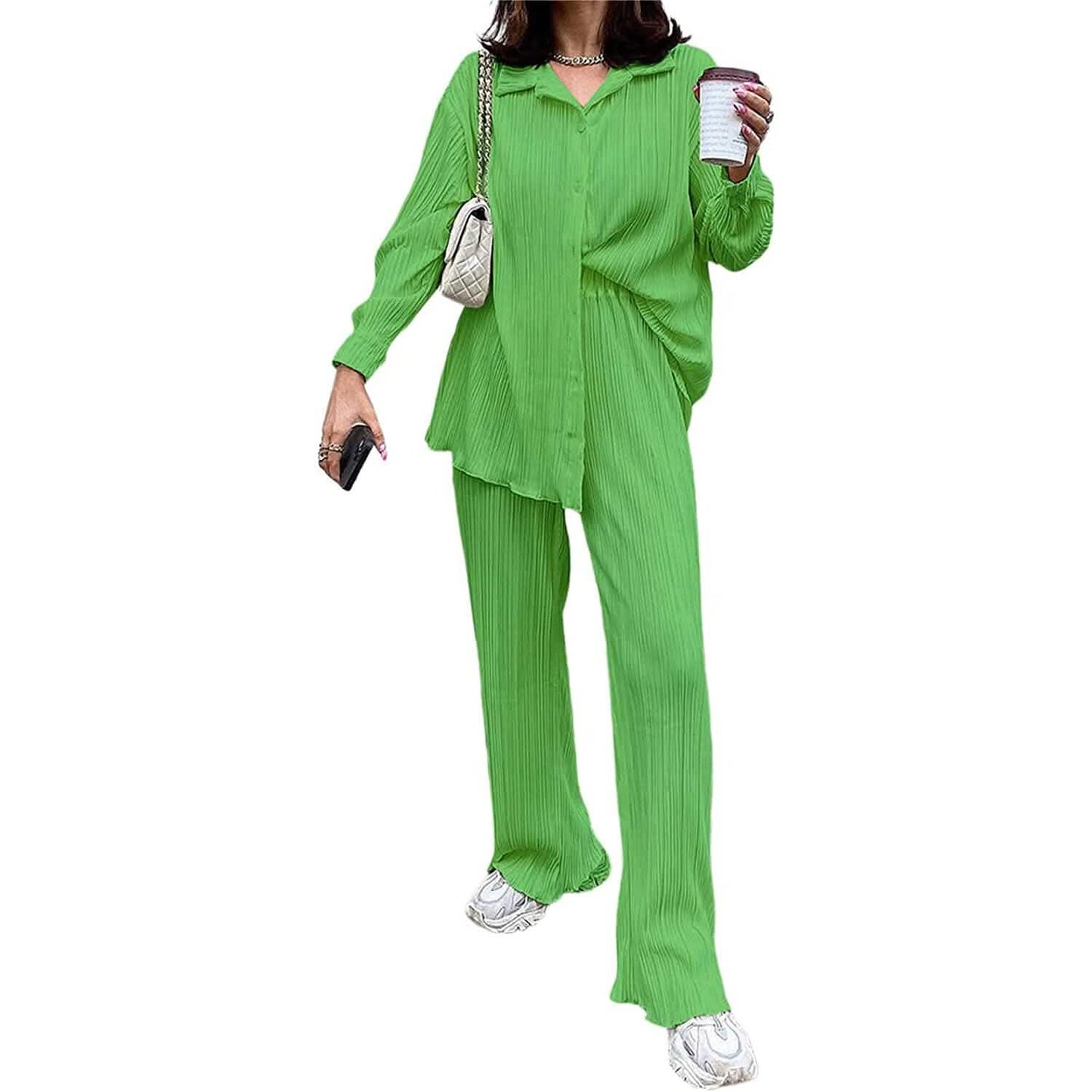 Women's Casual Long Sleeve Button Blouse Top Wide Leg Loose Streetwear Loungewear DailySale