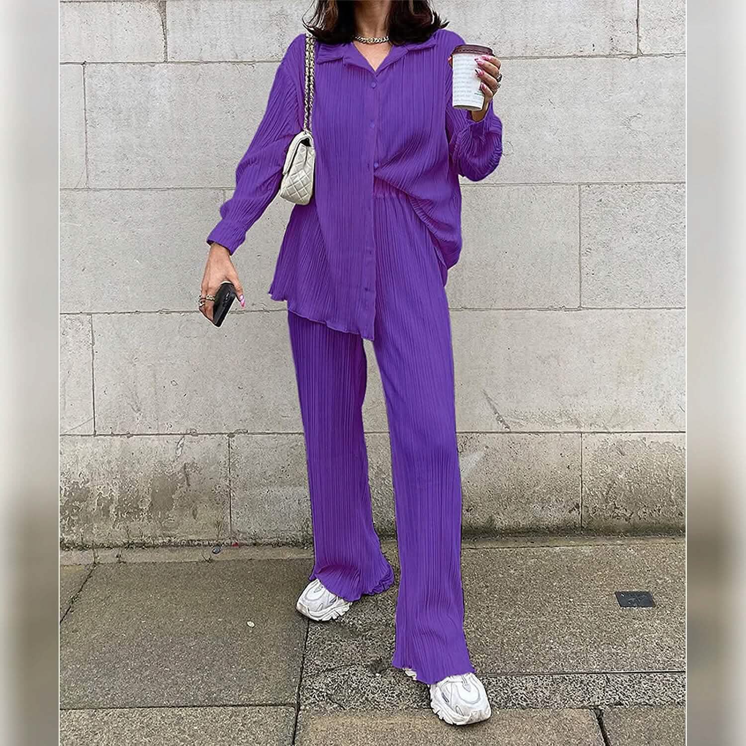 Women's Casual Long Sleeve Button Blouse Top Wide Leg Loose Streetwear Loungewear DailySale