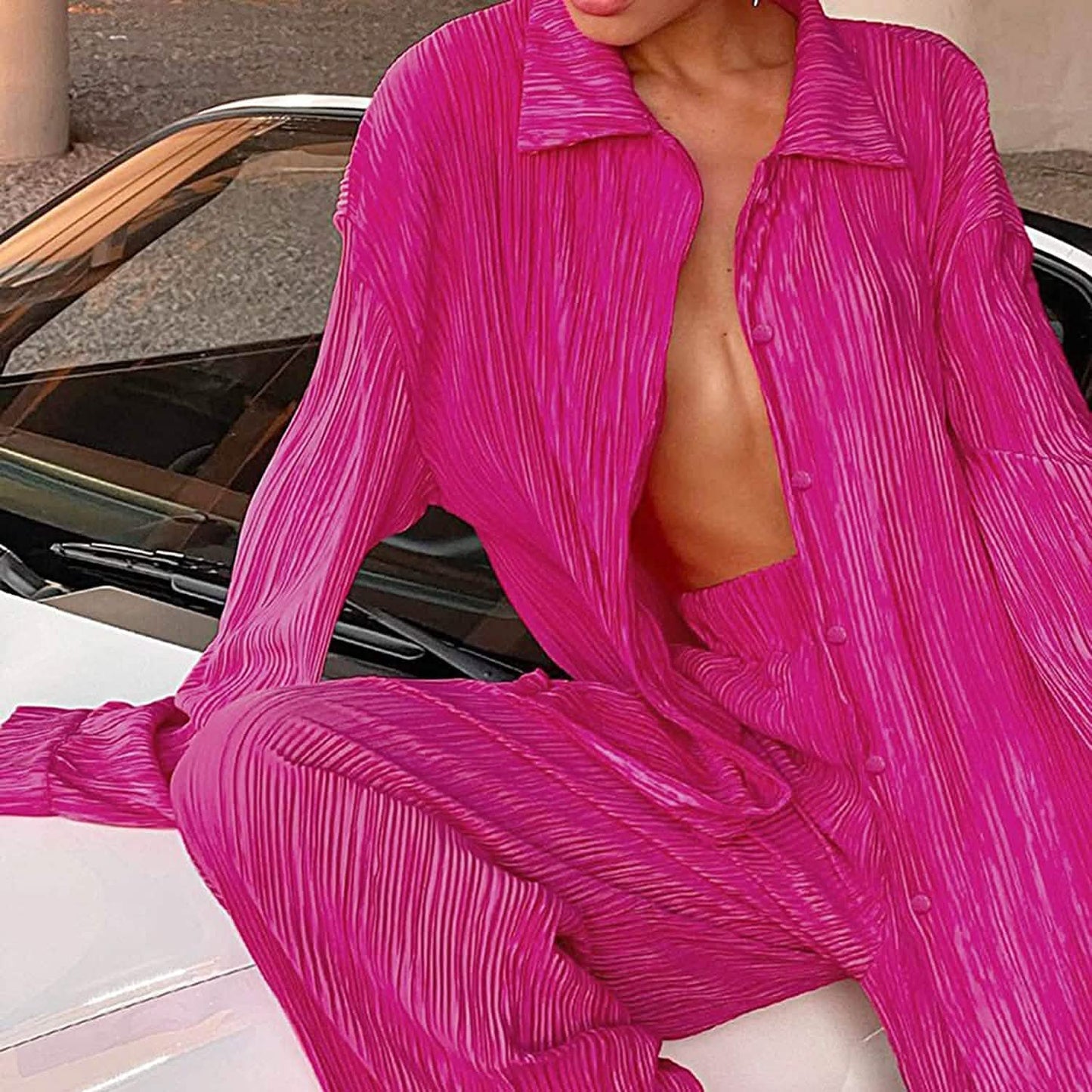 Women's Casual Long Sleeve Button Blouse Top Wide Leg Loose Streetwear Loungewear DailySale