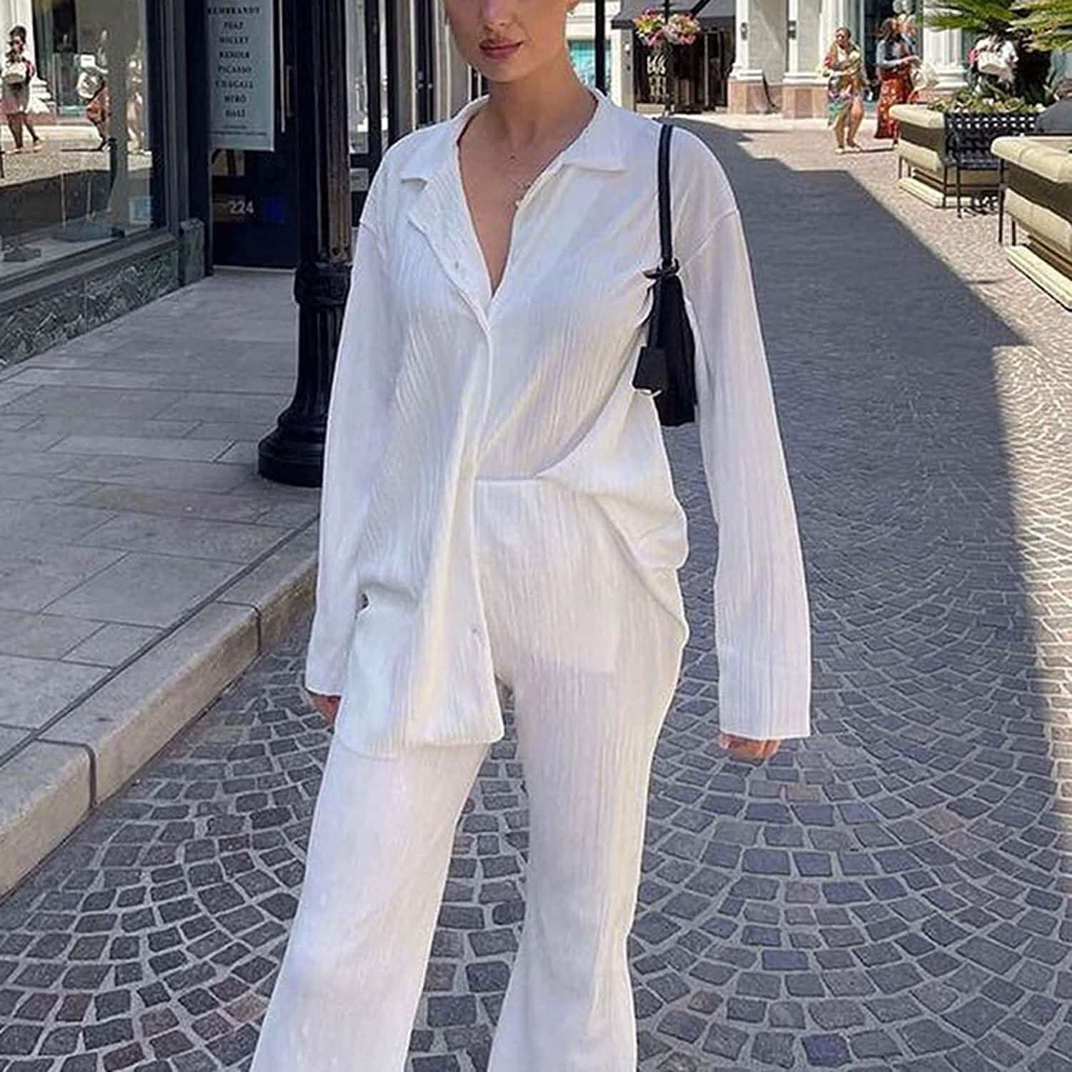 Women's Casual Long Sleeve Button Blouse Top Wide Leg Loose Streetwear Loungewear DailySale