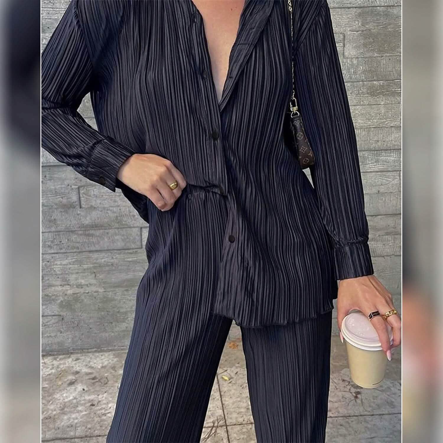 Women's Casual Long Sleeve Button Blouse Top Wide Leg Loose Streetwear Loungewear DailySale