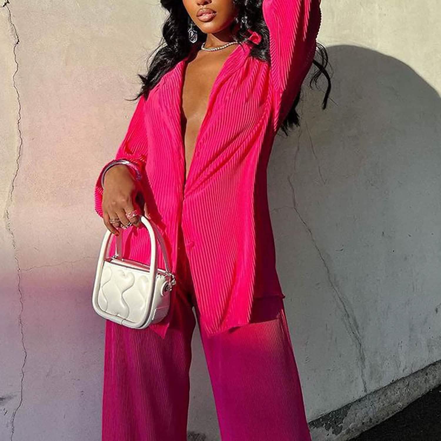 Women's Casual Long Sleeve Button Blouse Top Wide Leg Loose Streetwear Loungewear DailySale