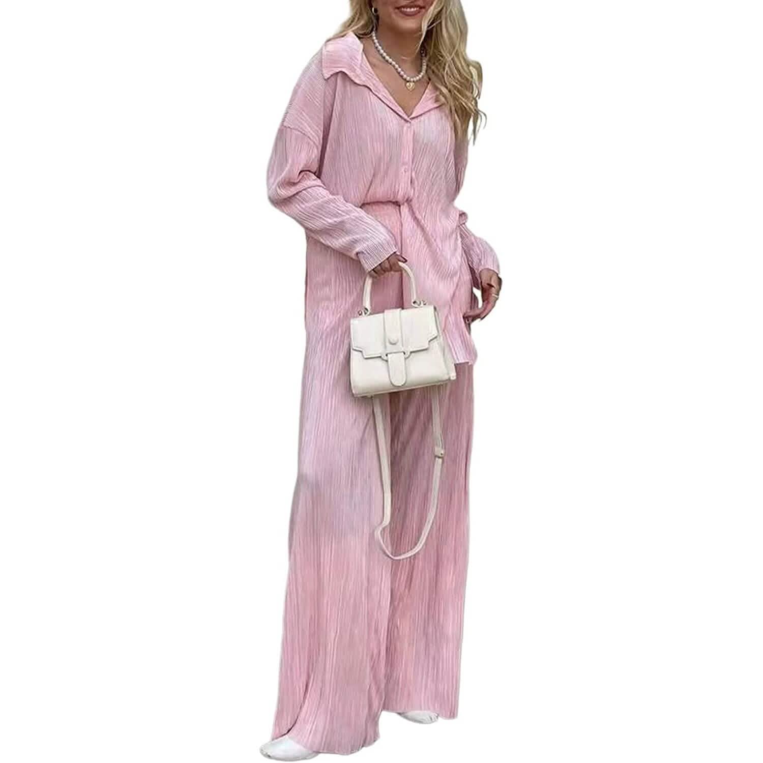 Women's Casual Long Sleeve Button Blouse Top Wide Leg Loose Streetwear Loungewear DailySale