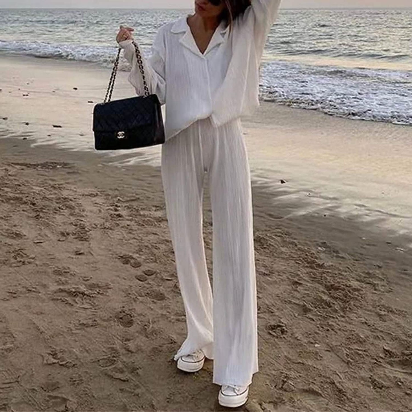 Women's Casual Long Sleeve Button Blouse Top Wide Leg Loose Streetwear Loungewear DailySale