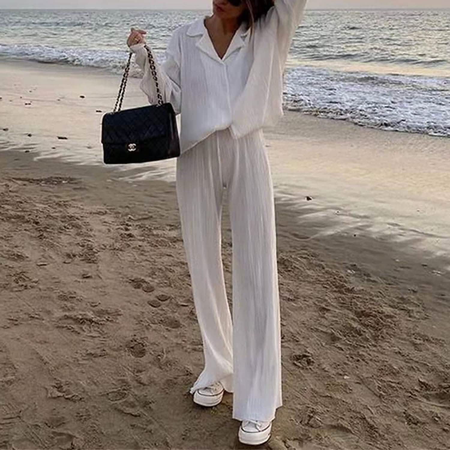 Women's Casual Long Sleeve Button Blouse Top Wide Leg Loose Streetwear Loungewear DailySale