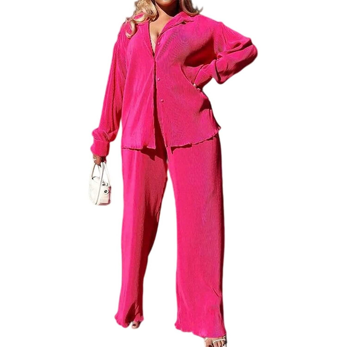 Women's Casual Long Sleeve Button Blouse Top Wide Leg Loose Streetwear Loungewear DailySale