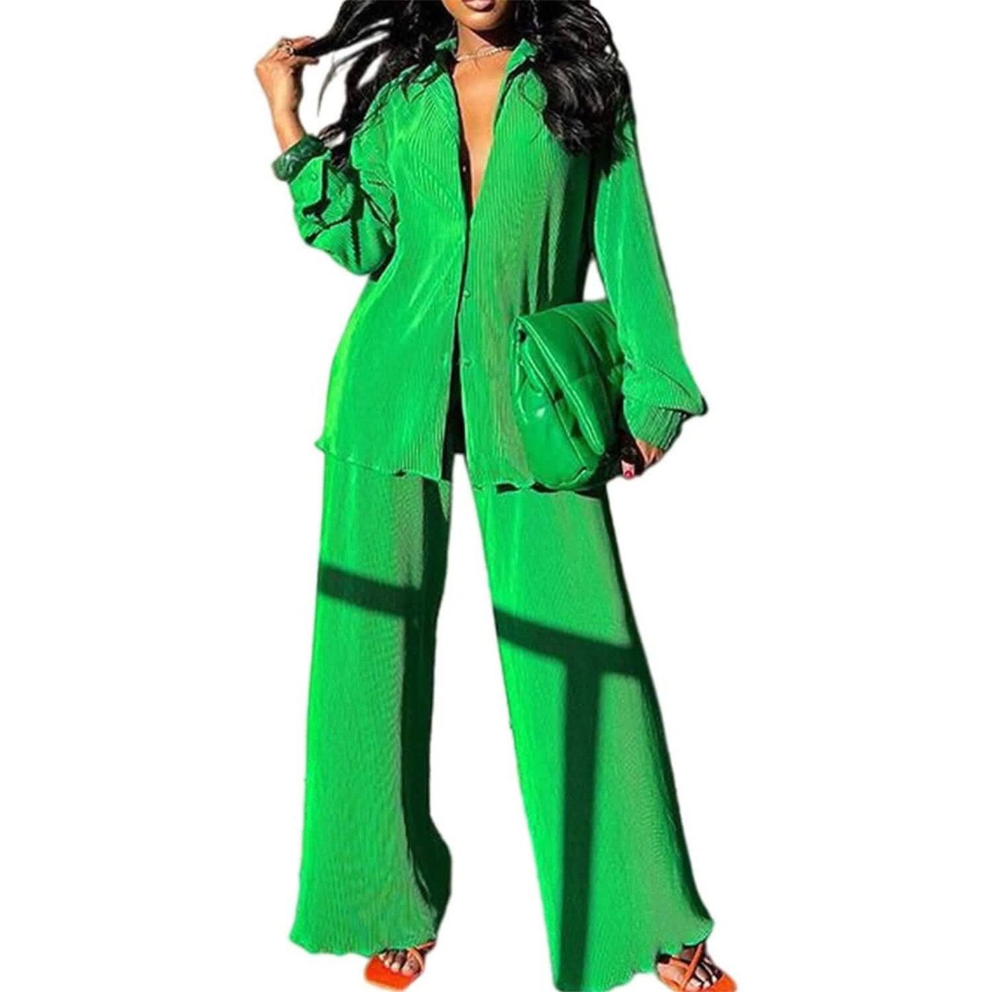Women's Casual Long Sleeve Button Blouse Top Wide Leg Loose Streetwear Loungewear DailySale