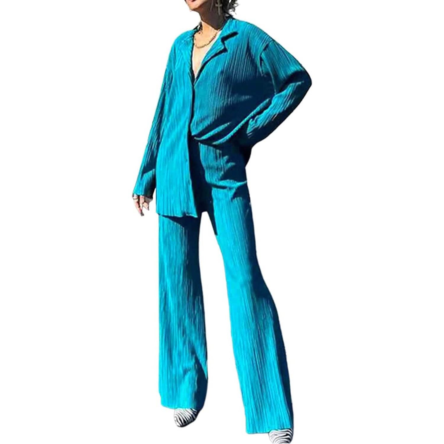 Women's Casual Long Sleeve Button Blouse Top Wide Leg Loose Streetwear Loungewear DailySale