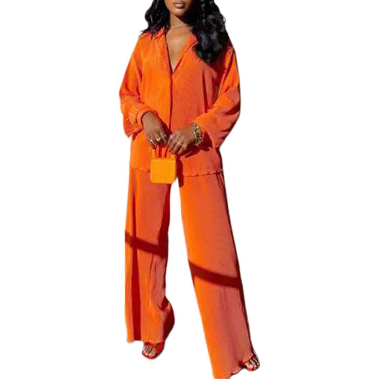 Women's Casual Long Sleeve Button Blouse Top Wide Leg Loose Streetwear Loungewear DailySale