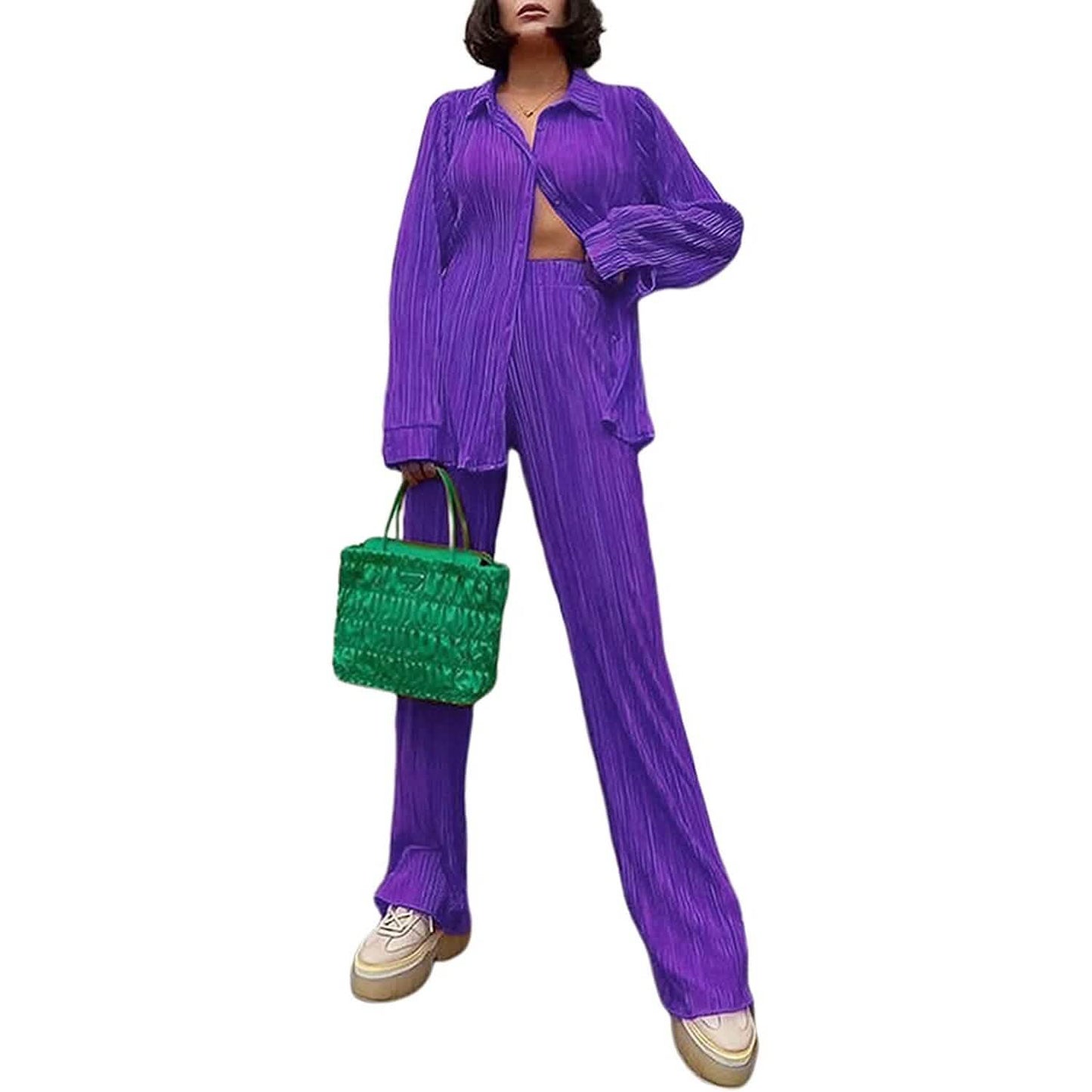Women's Casual Long Sleeve Button Blouse Top Wide Leg Loose Streetwear Loungewear DailySale