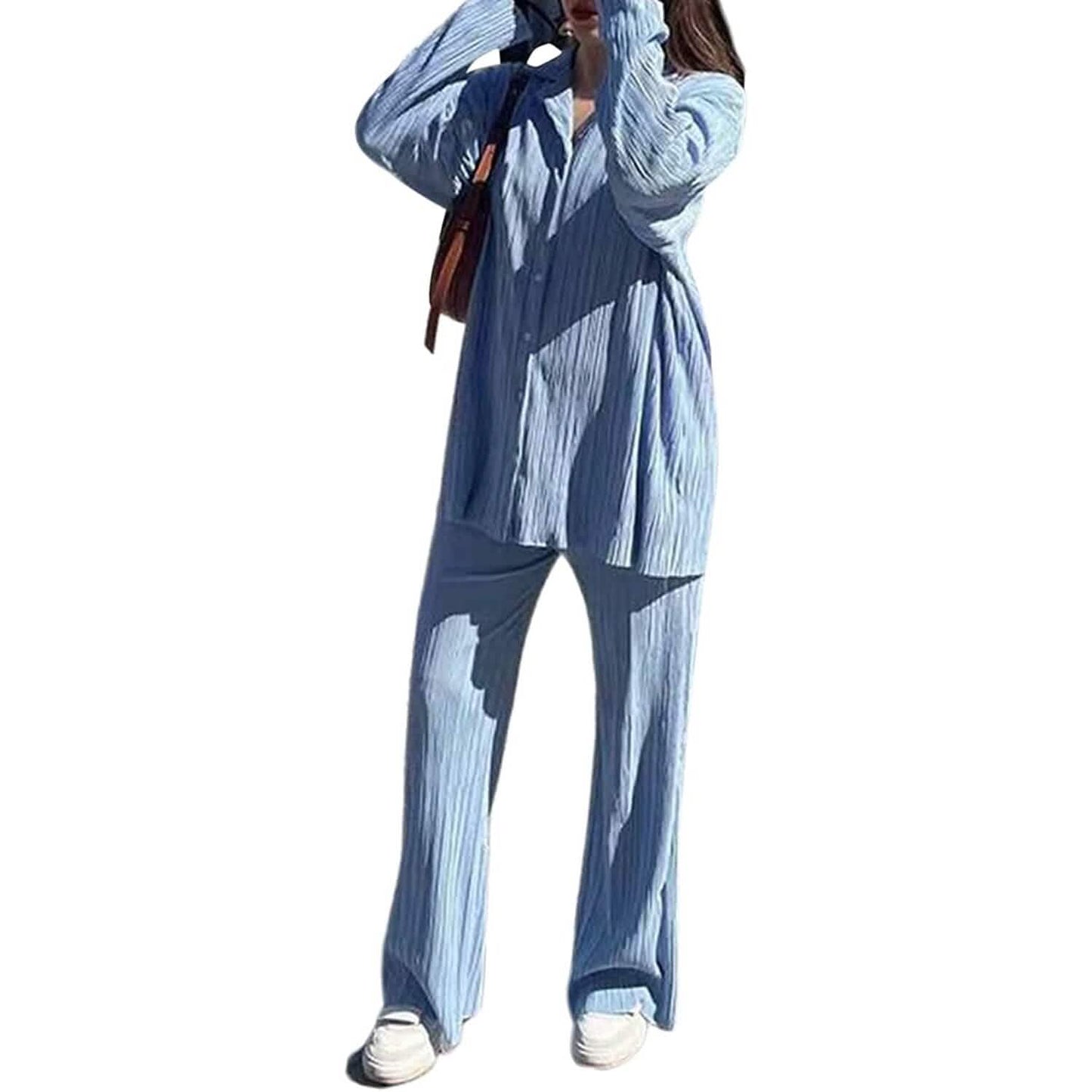 Women's Casual Long Sleeve Button Blouse Top Wide Leg Loose Streetwear Loungewear DailySale